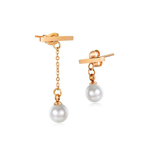 Simple and Fashion Plated Rose Gold Titanium Steel Geometric Tassel Pearl Earrings - Glamorousky
