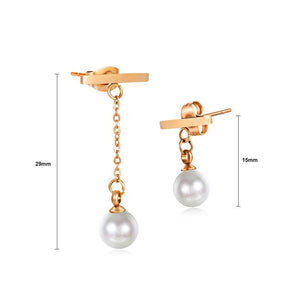 Simple and Fashion Plated Rose Gold Titanium Steel Geometric Tassel Pearl Earrings - Glamorousky