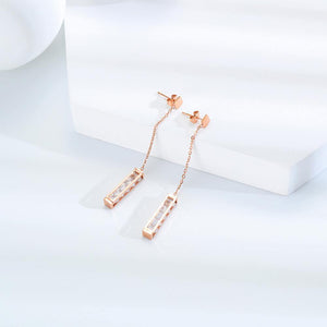 Fashion Temperament Plated Rose Gold Geometric Rectangular Tassel Titanium Steel Earrings with Cubic Zircon - Glamorousky