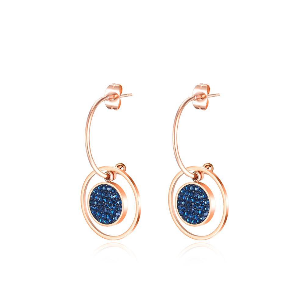 Simple and Fashion Plated Rose Gold Titanium Steel Geometric Round Earrings with Blue Cubic Zircon - Glamorousky