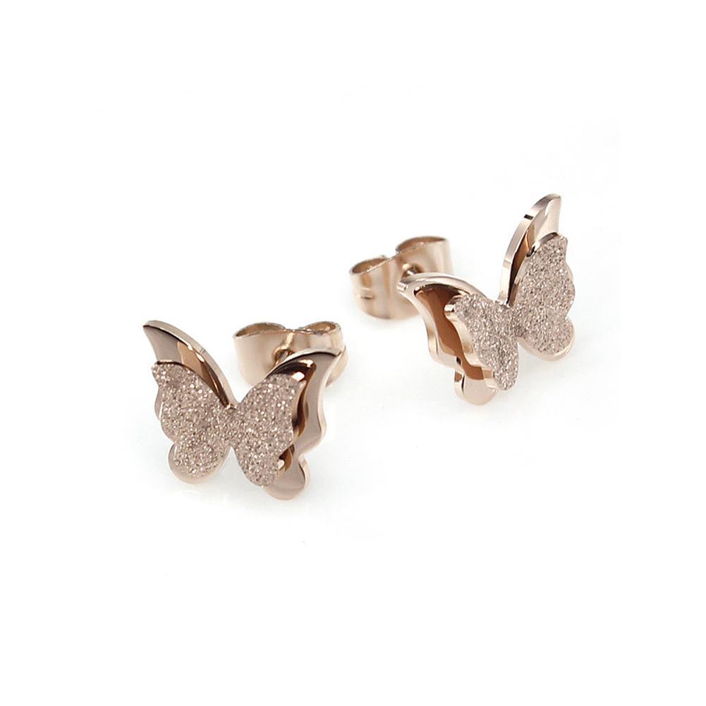 Fashion and Elegant Plated Rose Gold Frosted Butterfly Titanium Steel Stud Earrings - Glamorousky