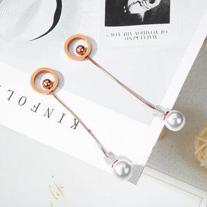 Simple and Elegant Plated Rose Gold Titanium Steel Geometric Round Tassel Pearl Earrings - Glamorousky