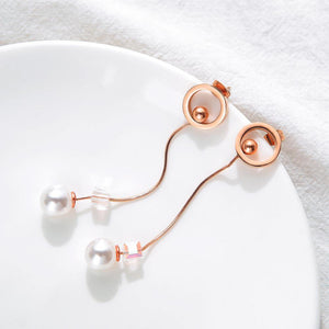 Simple and Elegant Plated Rose Gold Titanium Steel Geometric Round Tassel Pearl Earrings - Glamorousky
