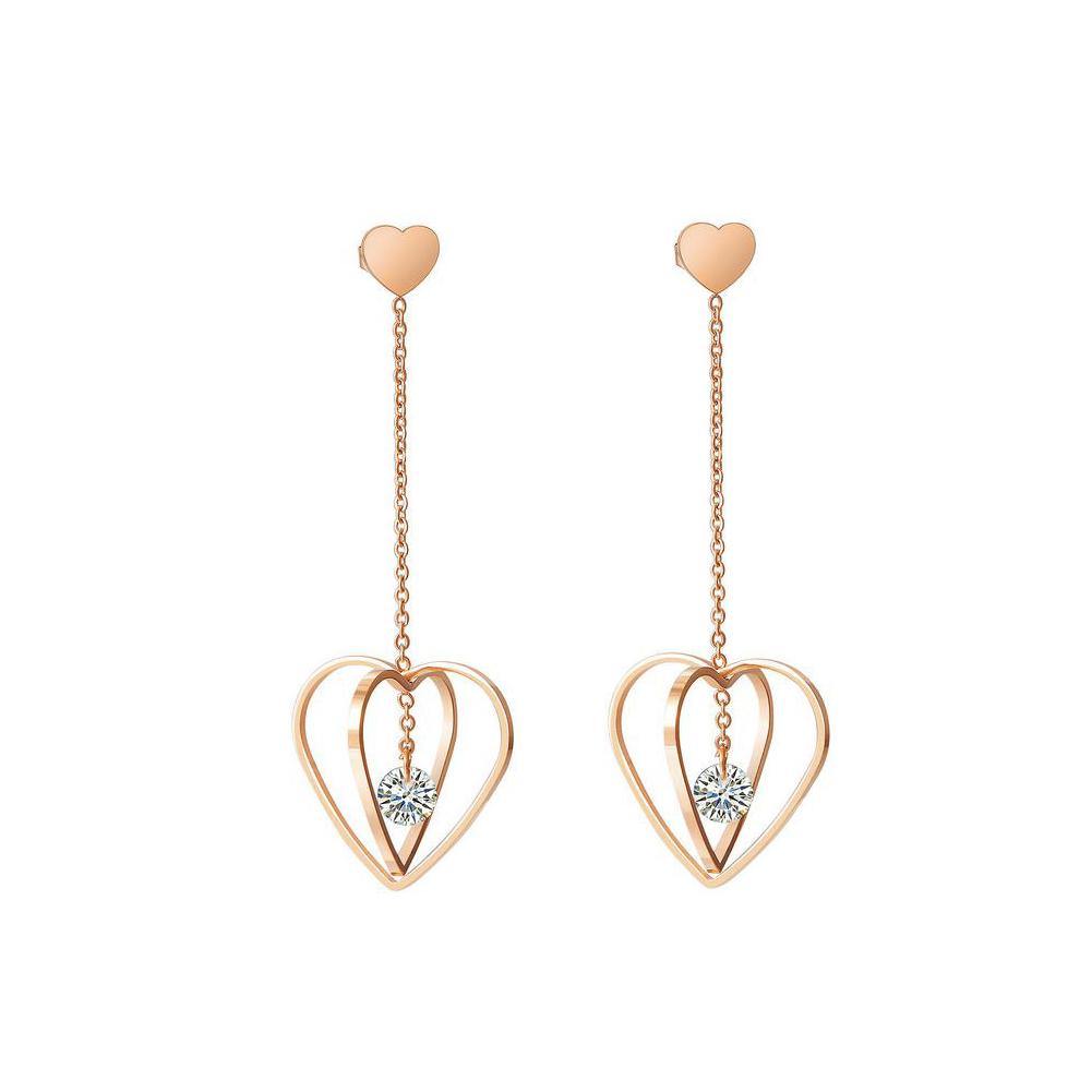 Fashion and Romantic Plated Rose Gold Titanium Steel Heart Tassel Earrings with Cubic Zircon - Glamorousky