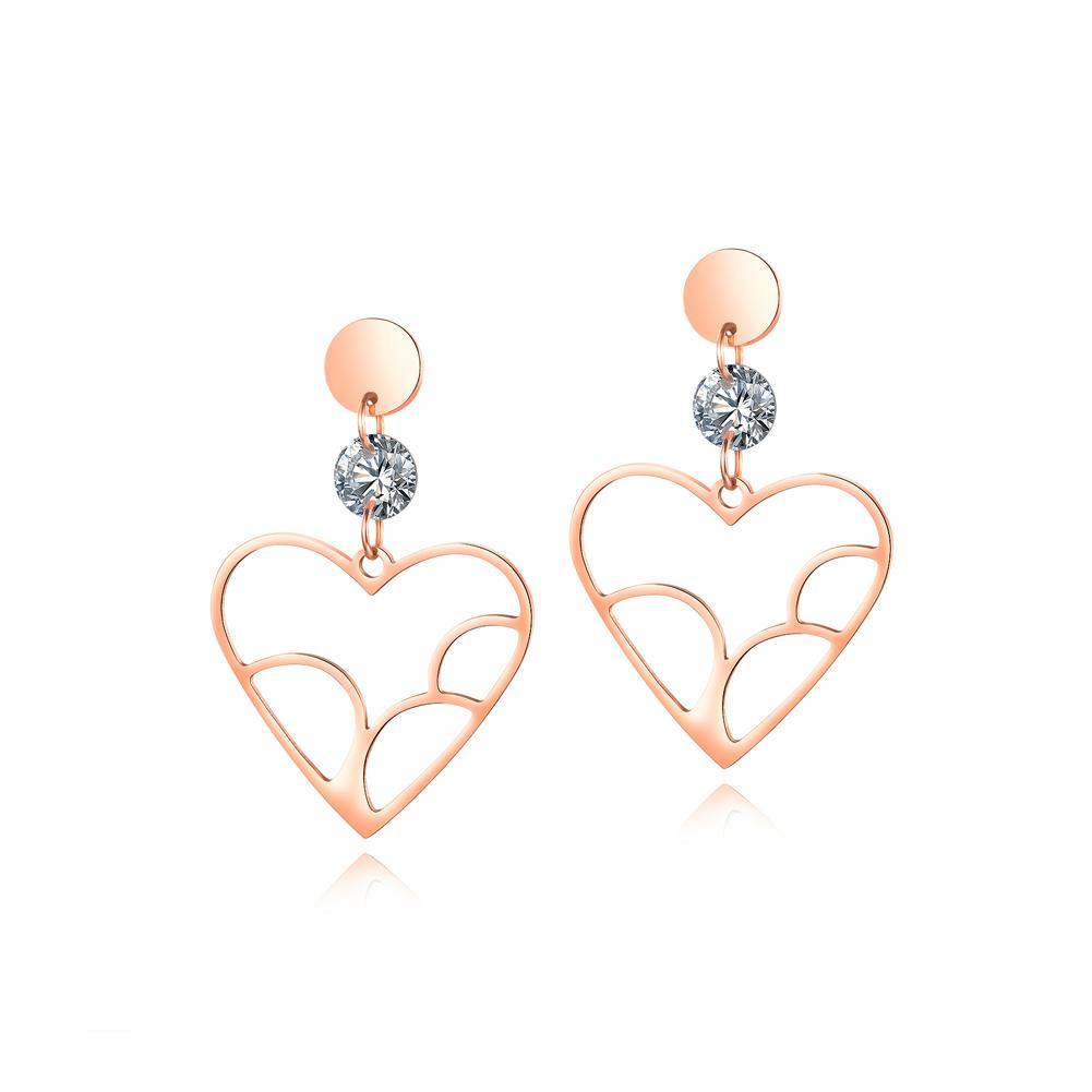 Romantic Sweet Plated Rose Gold Titanium Steel Hollow Heart Earrings with Cubic Zircon - Glamorousky