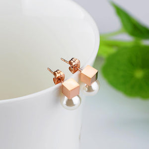 Elegant Temperament Plated Rose Gold Geometric Pearl Titanium Steel Stud Earrings - Glamorousky