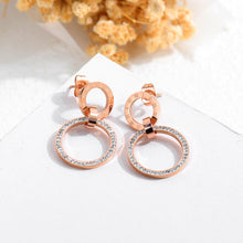 Load image into Gallery viewer, Simple and Fashion Plated Rose Gold Roman Numerals Geometric Hollow Round Titanium Steel Earrings with Cubic Zircon - Glamorousky