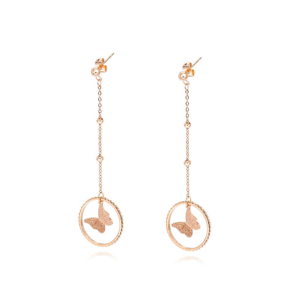 Elegant and Fashion Plated Rose Gold Butterfly Round Tassel Titanium Steel Earrings - Glamorousky