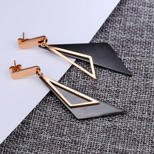 Fashion Temperament Plated Rose Gold Black Geometric Triangle Titanium Steel Earrings - Glamorousky