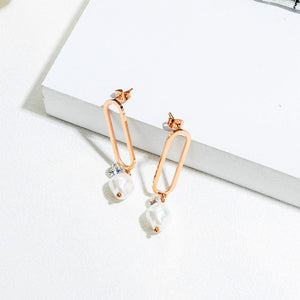 Fashion Simple Plated Rose Gold Geometric Pearl Titanium Steel Earrings - Glamorousky
