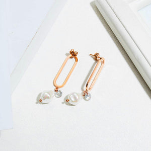 Fashion Simple Plated Rose Gold Geometric Pearl Titanium Steel Earrings - Glamorousky