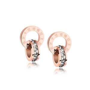 Fashion and Elegant Plated Rose Gold Roman Numeral Geometric Round Earrings with Cubic Zircon - Glamorousky
