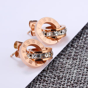 Fashion and Elegant Plated Rose Gold Roman Numeral Geometric Round Earrings with Cubic Zircon - Glamorousky