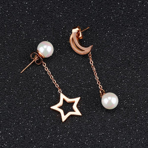 Fashion and Elegant Plated Rose Gold Star Moon Pearl Asymmetric Earrings - Glamorousky