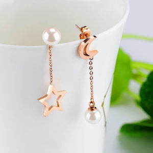 Fashion and Elegant Plated Rose Gold Star Moon Pearl Asymmetric Earrings - Glamorousky
