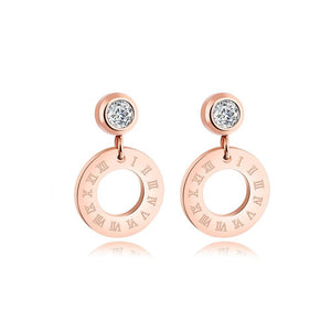 Fashion and Simple Plated Rose Gold Roman Numerals Geometric Round Earrings with Cubic Zircon - Glamorousky