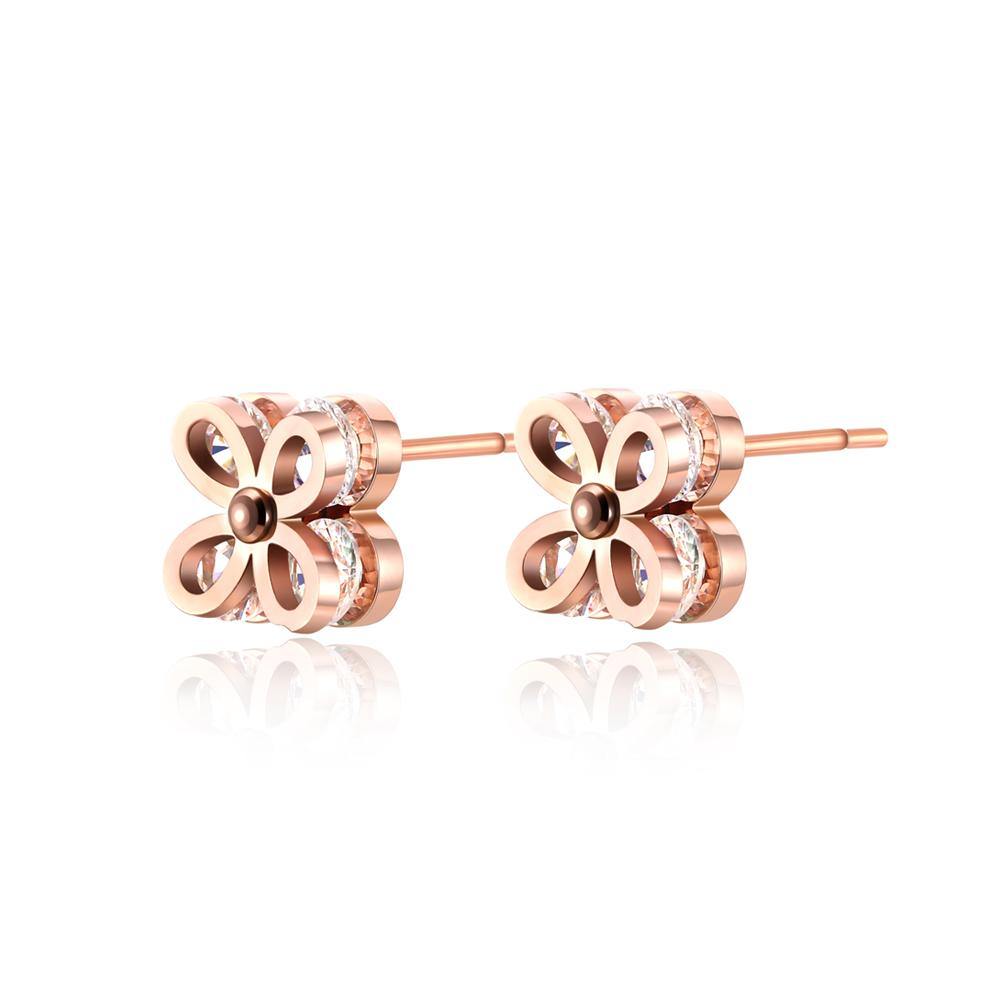 Fashion and Romantic Plated Rose Gold Four-leafed Clover Titanium Steel Stud Earrings with Cubic Zirconia - Glamorousky