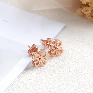 Fashion and Romantic Plated Rose Gold Four-leafed Clover Titanium Steel Stud Earrings with Cubic Zirconia - Glamorousky