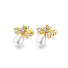 Load image into Gallery viewer, Fashion and Elegant Plated Gold Small Bee Pearl Stud Earrings with Cubic Zirconia - Glamorousky
