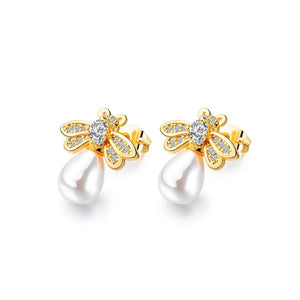 Fashion and Elegant Plated Gold Small Bee Pearl Stud Earrings with Cubic Zirconia - Glamorousky