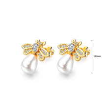 Load image into Gallery viewer, Fashion and Elegant Plated Gold Small Bee Pearl Stud Earrings with Cubic Zirconia - Glamorousky