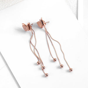 Simple and Elegant Plated Rose Gold Butterfly Tassel Titanium Steel Earrings - Glamorousky