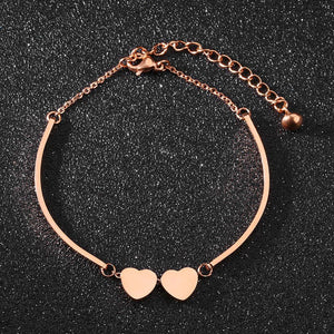 Simple and Romantic Plated Rose Gold Double Heart-shaped Titanium Steel Bracelet - Glamorousky
