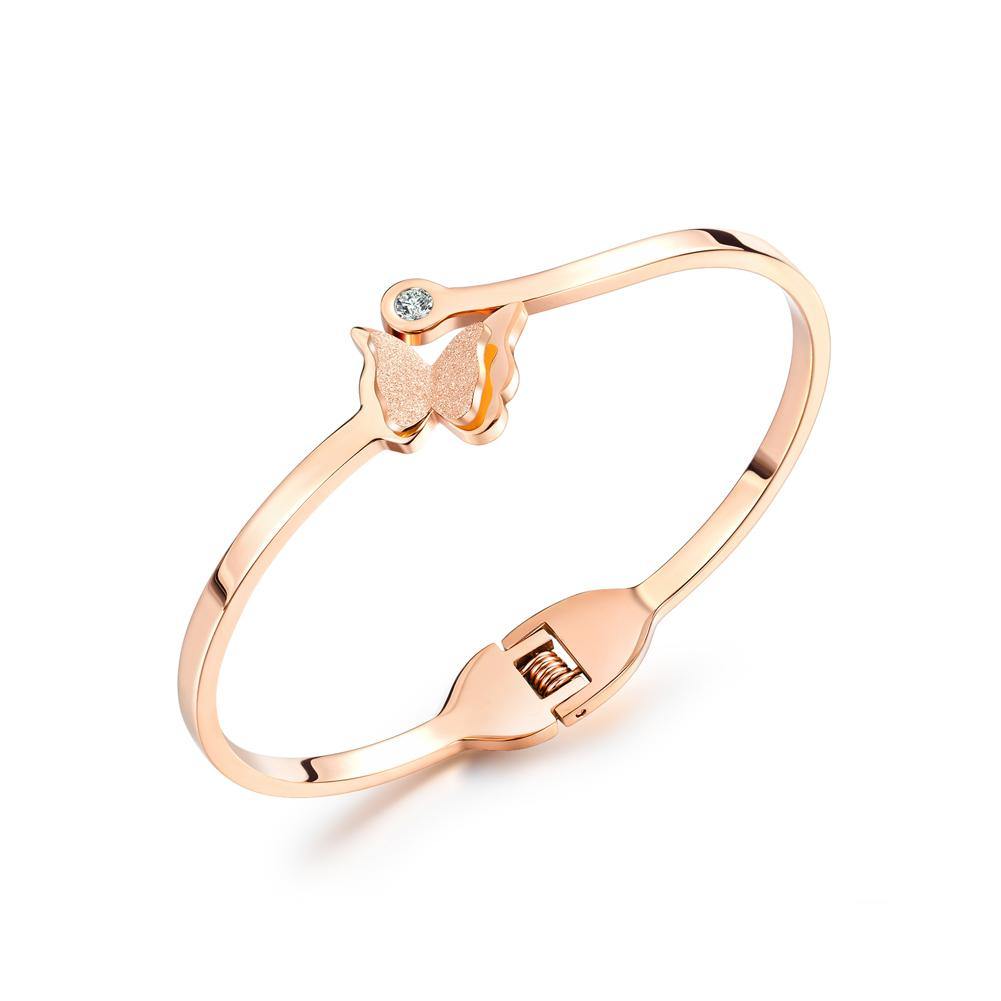 Elegant Tempered Plated Rose Gold Butterfly Titanium Steel Bangle with Cubic Zirconia - Glamorousky