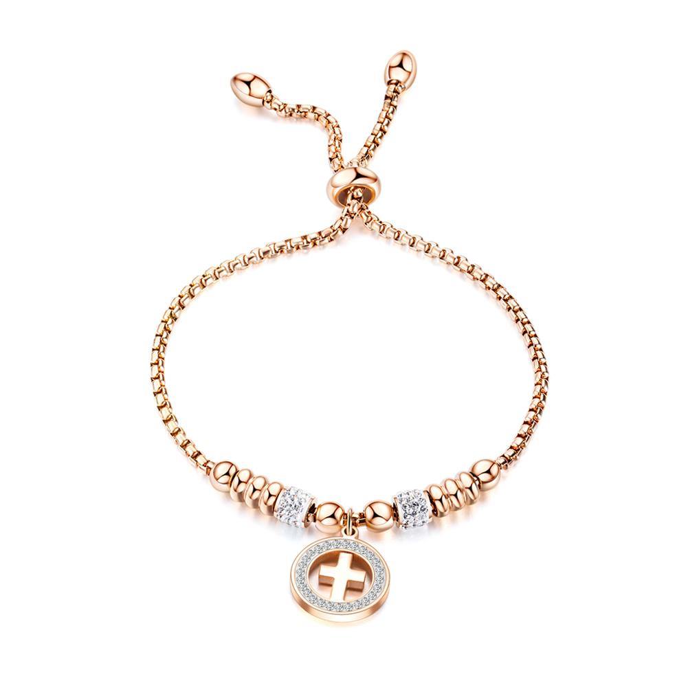 Simple and Fashion Plated Rose Gold Cross Bead Titanium Steel Bracelet with Cubic Zirconia - Glamorousky