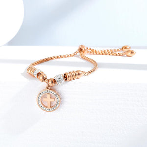 Simple and Fashion Plated Rose Gold Cross Bead Titanium Steel Bracelet with Cubic Zirconia - Glamorousky