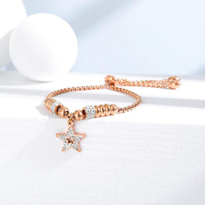 Simple and Bright Plated Rose Gold Stars and Round Beads Titanium Steel Bracelet with Cubic Zirconia - Glamorousky