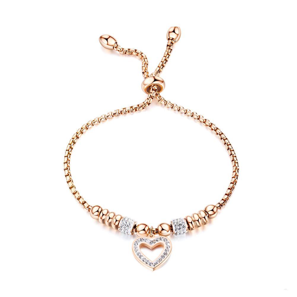 Simple and Romantic Plated Rose Gold Hollow Heart Beaded Titanium Steel Bracelet with Cubic Zirconia - Glamorousky