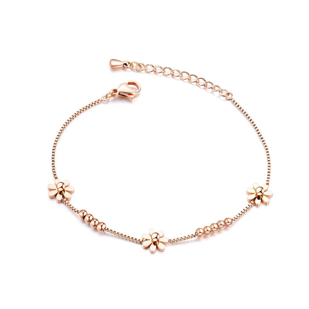 Simple Fashion Plated Rose Gold Small Daisy Round Bead Titanium Steel Bracelet - Glamorousky