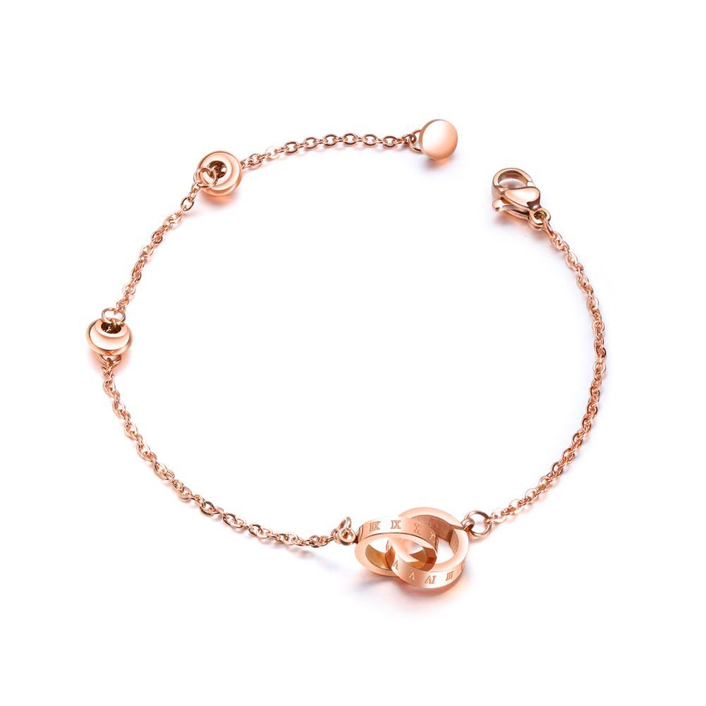 Simple and Fashion Plated Rose Gold Double Round Titanium Steel Bracelet - Glamorousky