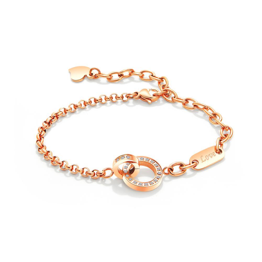 Simple and Fashion Plated Rose Gold Double Ring Cubic Zirconia Titanium Steel Bracelet - Glamorousky