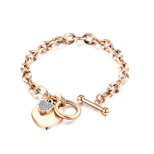 Romantic Sweet Plated Rose Gold Heart-shaped Titanium Steel Bracelet with Cubic Zirconia - Glamorousky