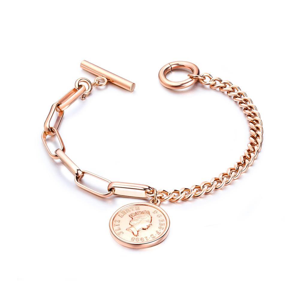 Fashion Simple Plated Rose Gold Elizabeth Coin Titanium Steel Bracelet - Glamorousky