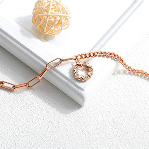 Simple and Romantic Plated Rose Gold Heart-shaped Round Titanium Steel Bracelet with Cubic Zirconia - Glamorousky