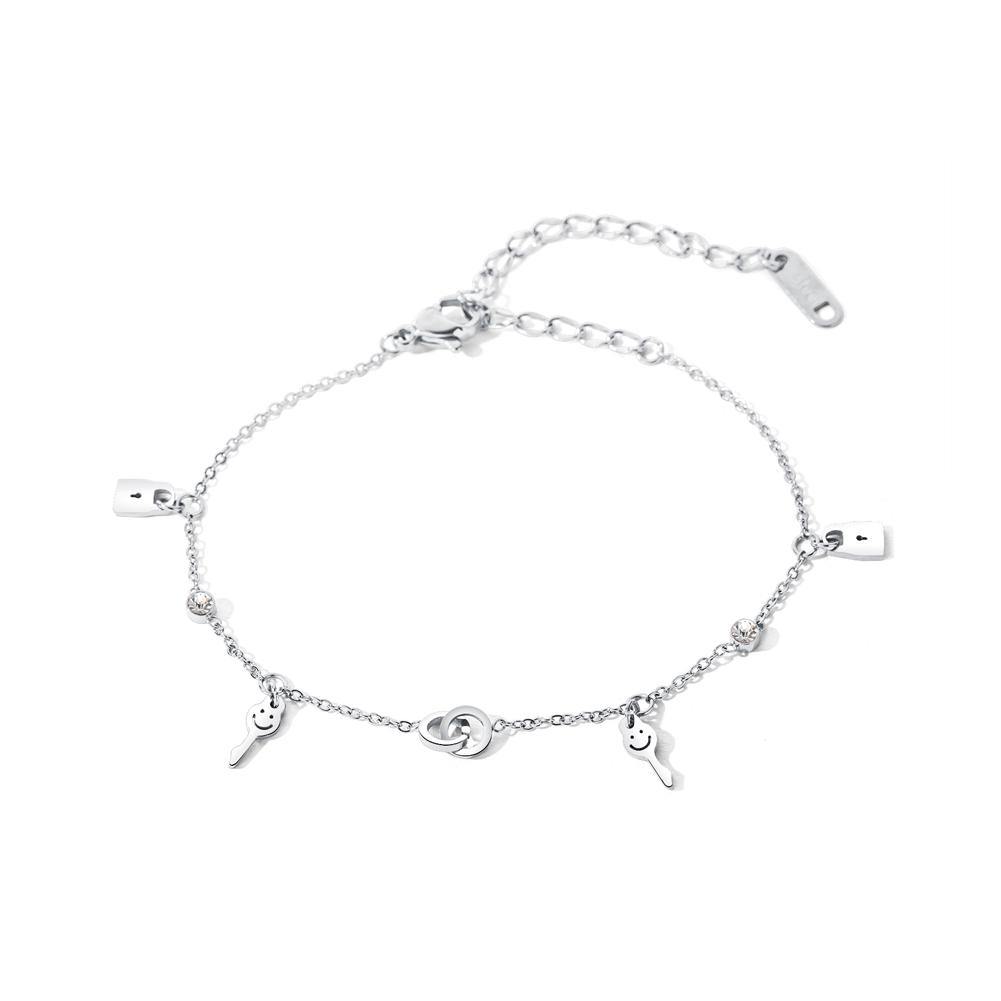 Simple Fashion Key Lock Double Round Titanium Steel Bracelet with Cubic Zirconia - Glamorousky