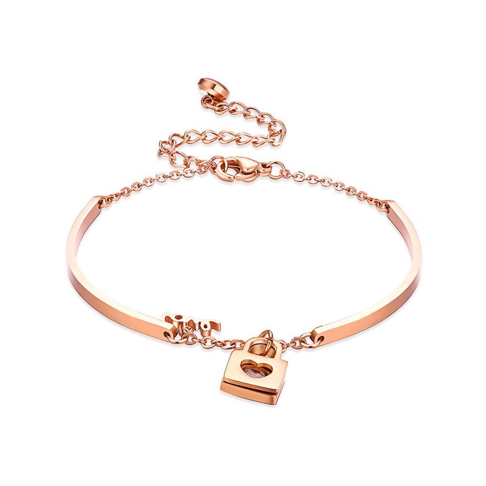 Fashion and Simple Plated Rose Gold Love Heart Lock Titanium Steel Bracelet - Glamorousky