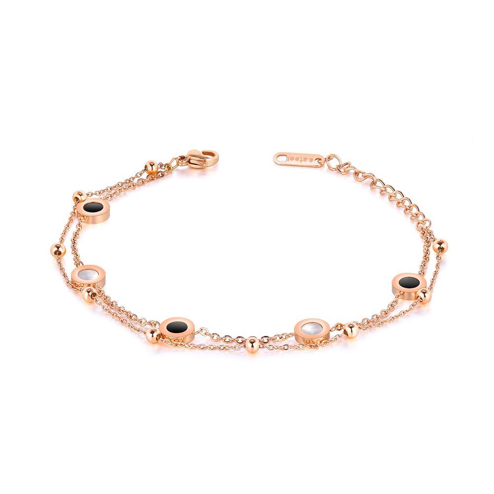 Simple and Fashion Plated Rose Gold Black and White Shell Geometric Round Titanium Steel Double Bracelet - Glamorousky