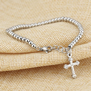 Fashion Simple Cross Round Bead Titanium Steel Bracelet - Glamorousky