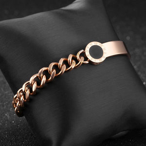 Fashion Temperament Plated Rose Gold Roman Numerals Geometric Round Asymmetric Titanium Steel Bracelet - Glamorousky