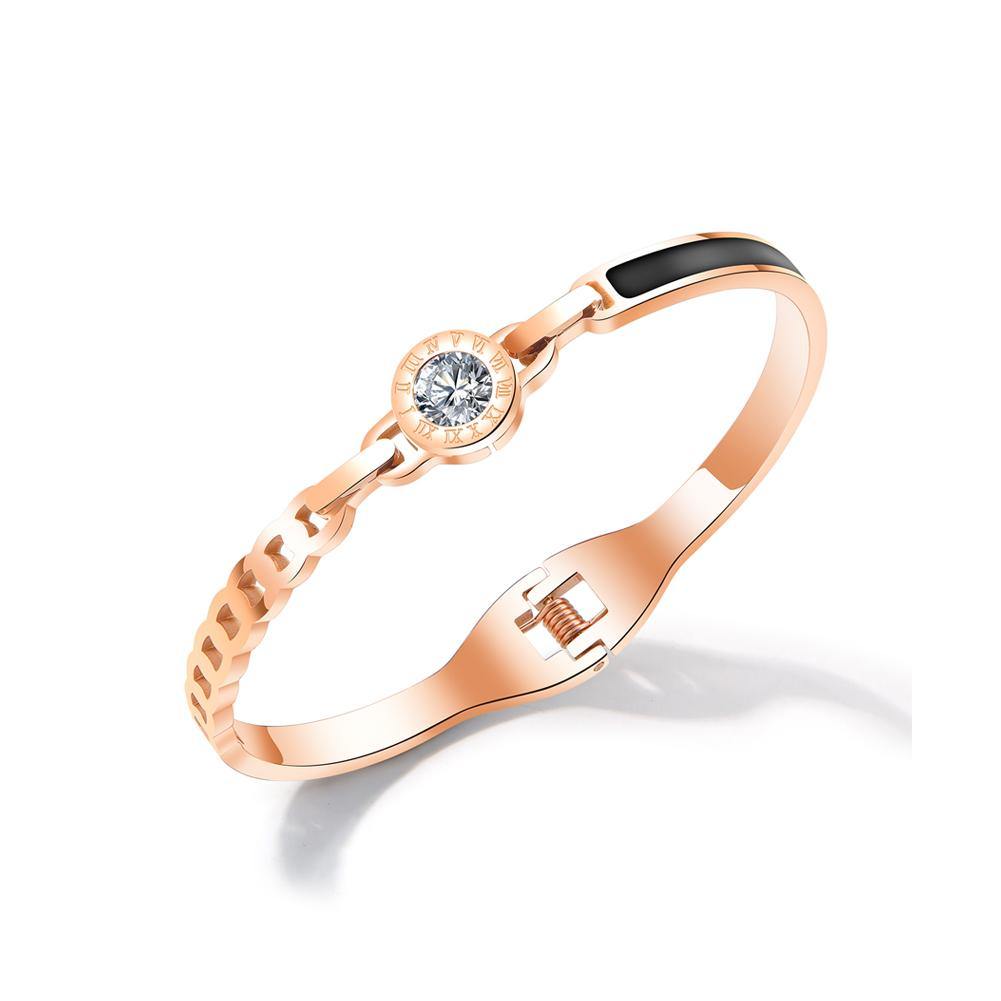 Fashion and Elegant Plated Rose Gold Roman Numeral Geometric Round Bangle with Cubic Zirconia - Glamorousky