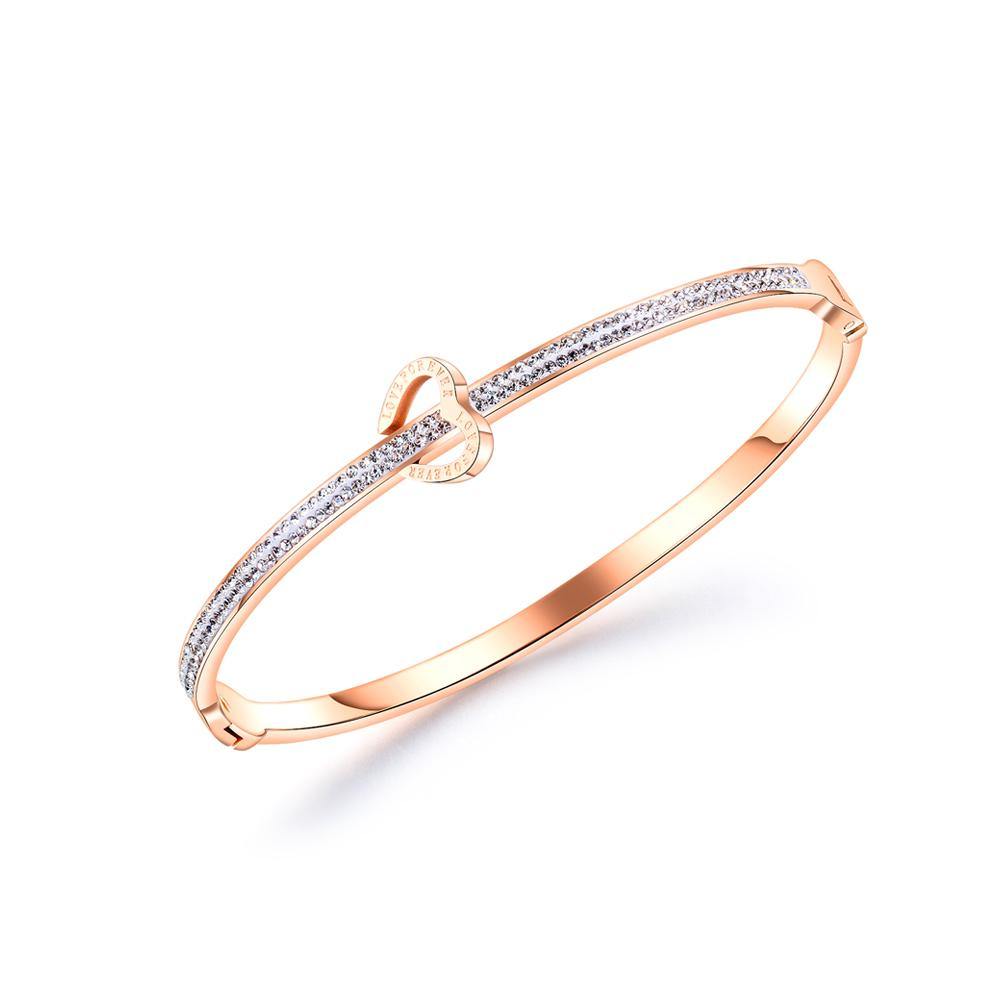 Simple and Sweet Plated Rose Gold Heart-shaped Titanium Steel Bracelet with Cubic Zirconia - Glamorousky