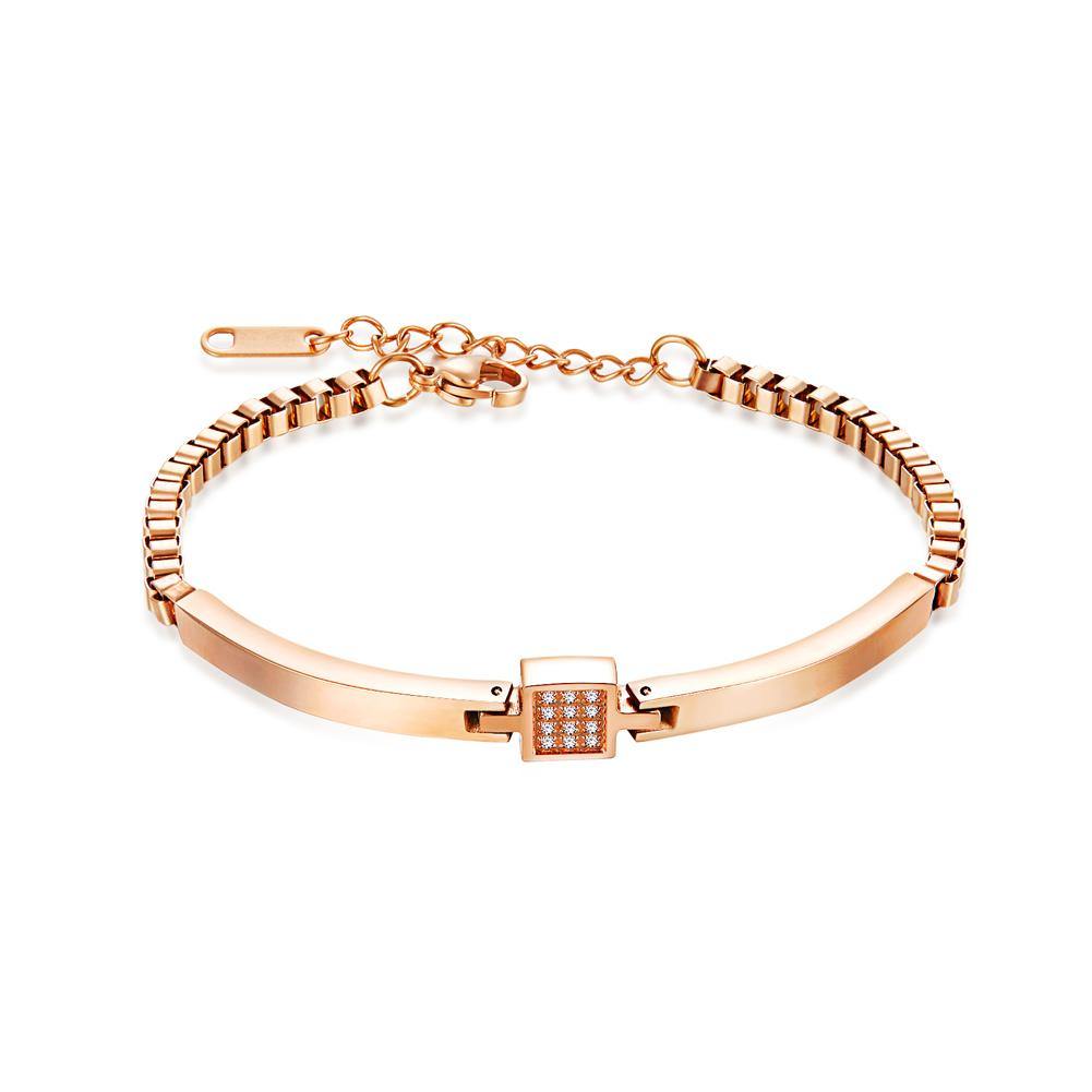Simple Personality Plated Rose Gold Geometric Square Titanium Steel Bracelet with Cubic Zirconia - Glamorousky