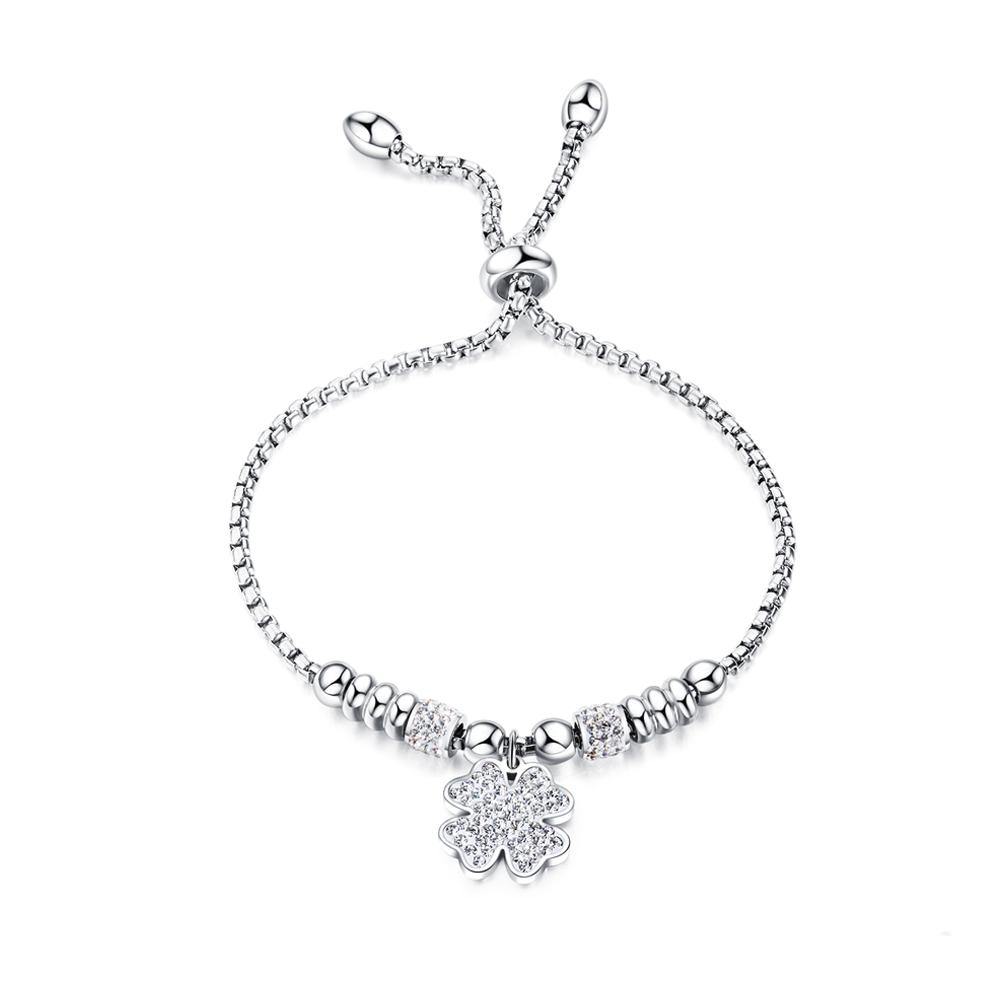 Fashion and Romantic Four-leafed Clover Bead Titanium Steel Bracelet with Cubic Zirconia - Glamorousky