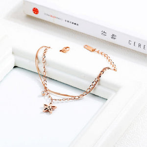 Simple and Elegant Plated Rose Gold Flower Double Titanium Steel Bracelet with Cubic Zirconia - Glamorousky