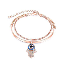Load image into Gallery viewer, Fashion Plated Rose Gold Fatima Bracelet with Blue Cubic Zirconia - Glamorousky