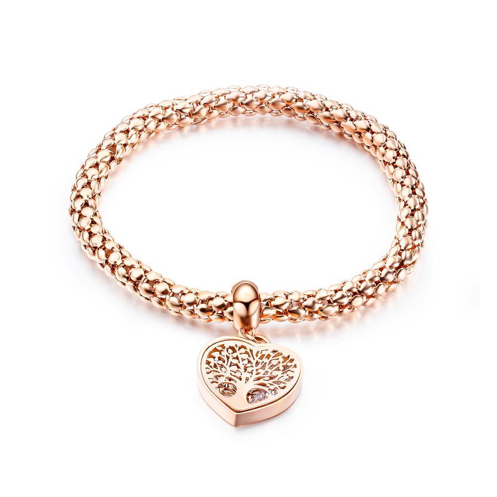 Fashion and Romantic Plated Rose Gold Heart-shaped Tree Of Life Titanium Steel Bracelet with Cubic Zirconia - Glamorousky